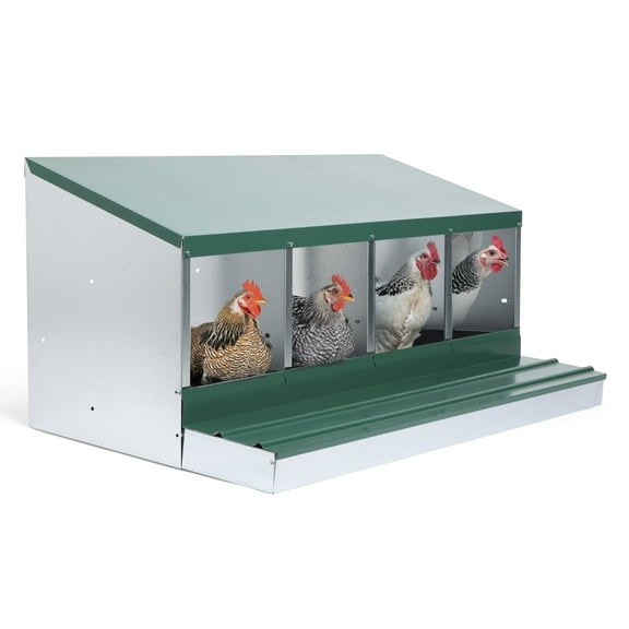 Homestead Essentials Deluxe Metal 4 Compartment, Forward Rollout & Rollaway, Hen & Chicken Nesting Box with Universal Easy Access Protective Egg Laying Collection Lid (20 Hens)