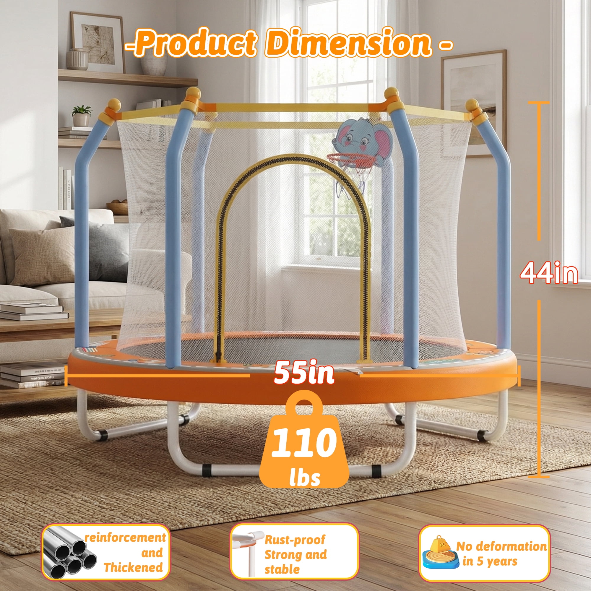 Mersco 55inch Kids Trampoline with Safety Enclosure Net, Indoor and Outdoor Toddler Trampoline with Basketball Hoop, Mini Trampoline for Baby BirthdayToys Gifts , Multicolor
