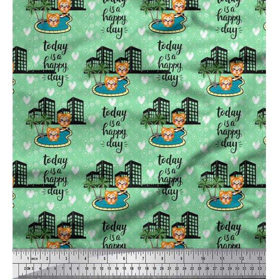 Soimoi Silk Fabric Swimming Pool,Cartoon & Buildings Architectural Print Sewing Fabric Yard 42 Inch Wide
