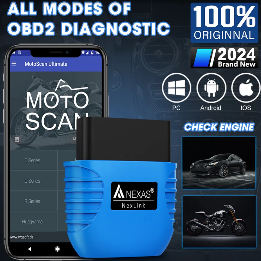 NEXAS Motorcycles OBD2 Scanner Bluetooth 5.0, Wireless Compatible with Third-Party Apps, Car & Motorcycle Universal Code Reader, Check Engine Fault OBDII Adapter Scan Tool for iOS, Android & Windows