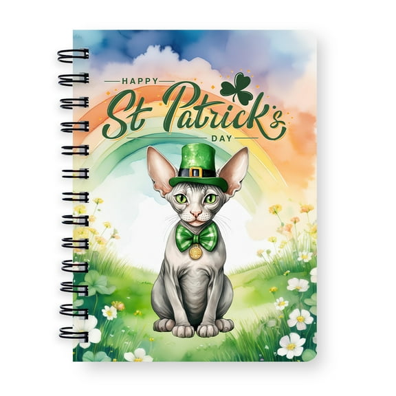 Happy St. Patrick’s Day Sphynx with Green Hat Shamrocks Rainbow Spiral Bound Journal Cat Lover Kitten Owner Gifts Idea 5x7in Spiral Notebook - 03007