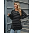 thumbnail image 2 of Womens Casual Striped Long Sleeve Shirt Trendy Crew Neck Slim Loose Fit Basic Blouses Tops Dark Gray Black XXL, 2 of 8
