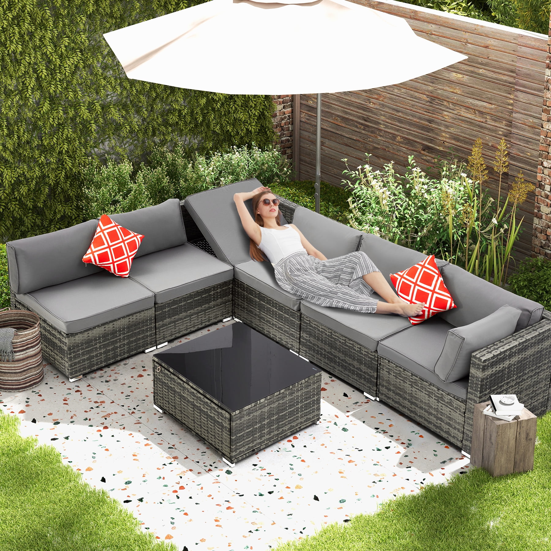 GYUTEI 7 Piece Patio Furniture Set with Adjustable Bracket All-Weather Wicker Conversation Set with Coffee Table for Porch Garden Backyard (Gray)