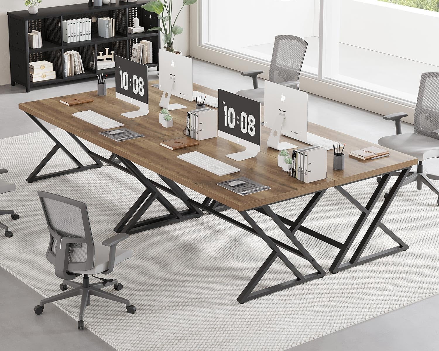 LVB Wood Computer Desk, Rustic Home Office Executive Desk for Bedroom,  Wooden Computer Writing Study Work Gaming Table, Modern Metal PC Student Simple Desk with Storage, 55 Inch, Rustic Oak