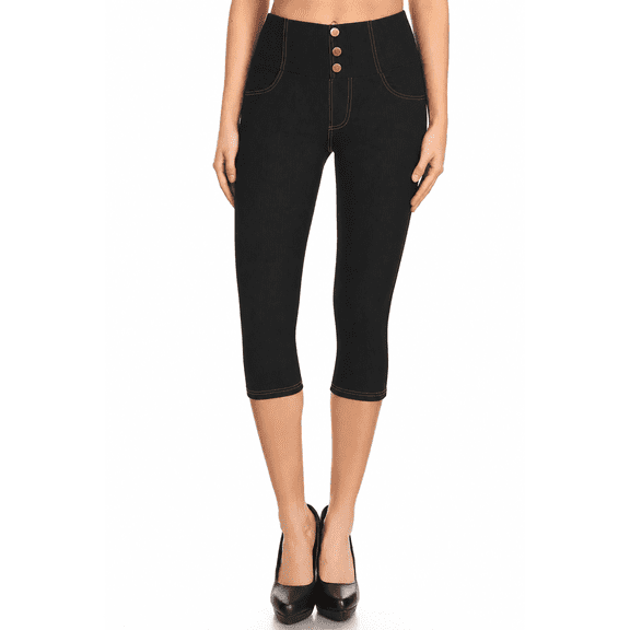 Jvini Women's Pull On Capri Pants Stretch Knit Denim Jeggings With Pockets