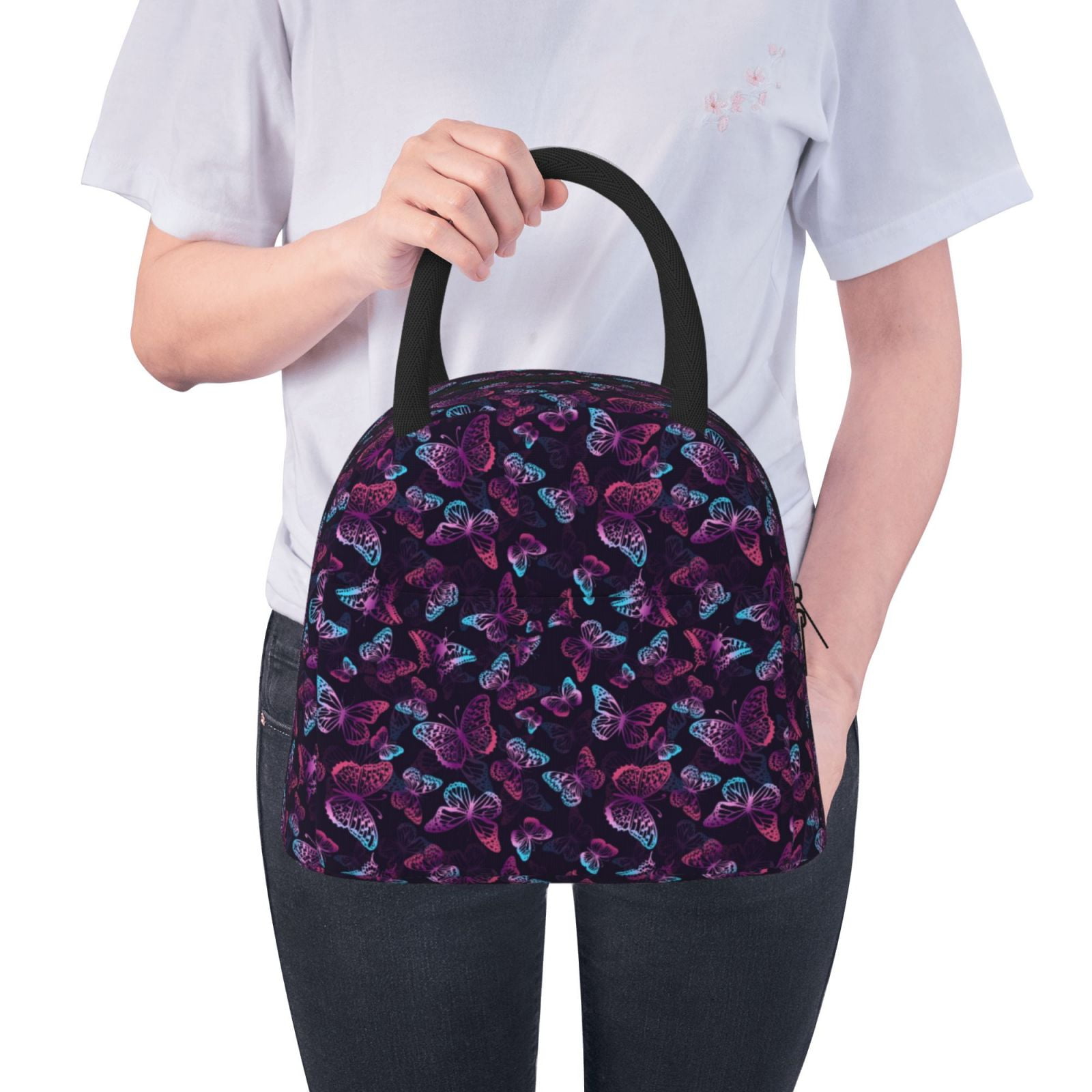 Horeoi Purple Butterfly Pattern Large Insulated Lunch Bag for Work, School, Picnic - Waterproof, Durable Oxford Cloth, Comfortable Handle-Black