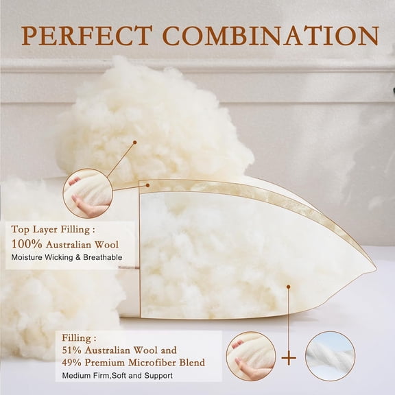 Organic Wool Pillow  Size, Soft Support Bed Pillows for Sleeping