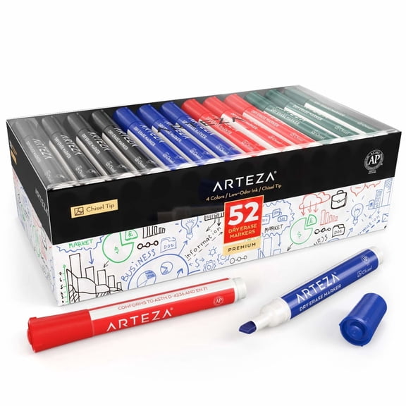 Arteza Dry Erase Markers, Chisel Tip, Assorted Colors, 52 Count