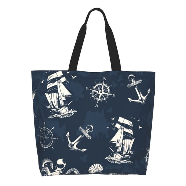 Balery Vintage Marine Bolsa Tote Estilo Estético con Cremalleras, Bolsa de Hombro, Bolsa de Compras Grande y Plegable