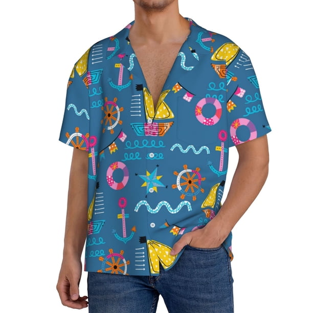 Fotbe Sailboat With Sailing Camisa Estampada de Manga Corta para Hombre, Casual de Verano, Estilo Playero, Sin Arrugas-Large