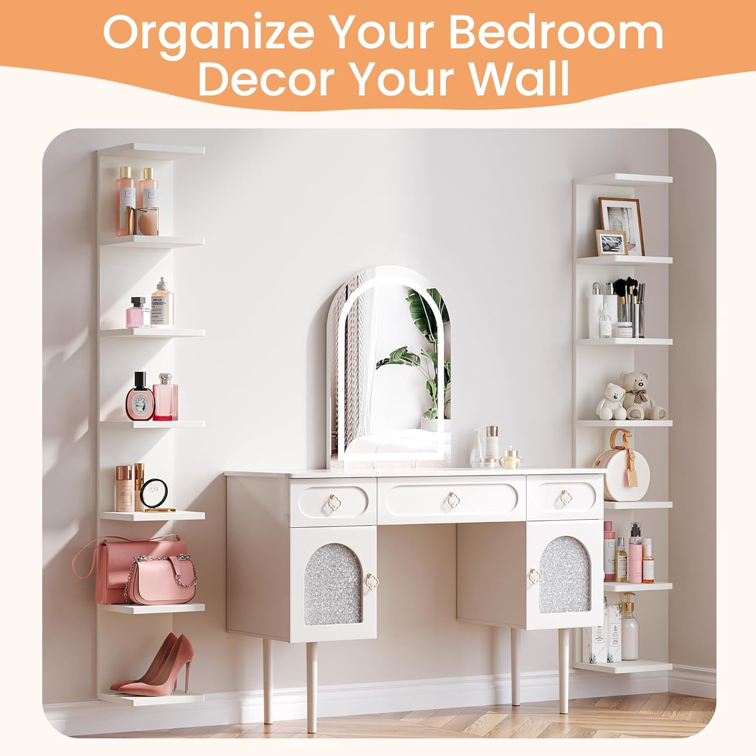 upsimples 7-Tier Floating Wall Shelf, White Wall Mounted Display and Storage Shelf, Decorative Shelves for Bedroom, Living Room, Bathroom, and Office