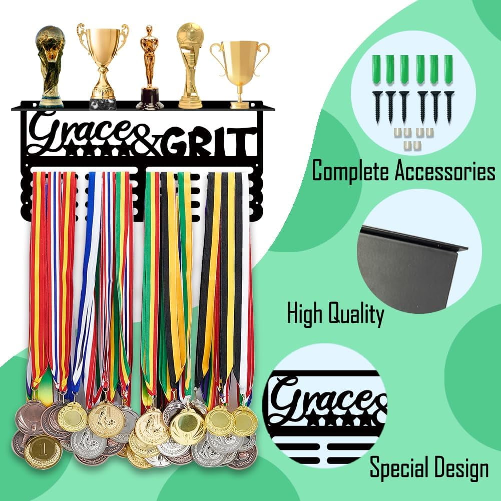 Medal Holder Display Hanger Grace & Grit Metal Medal Hooks Medal Hanger Display Rack Frame Ribbon Holder Wall Mounted Competition Awards Holder Hanging for 60 Sports Medals Athletes GiftBlack