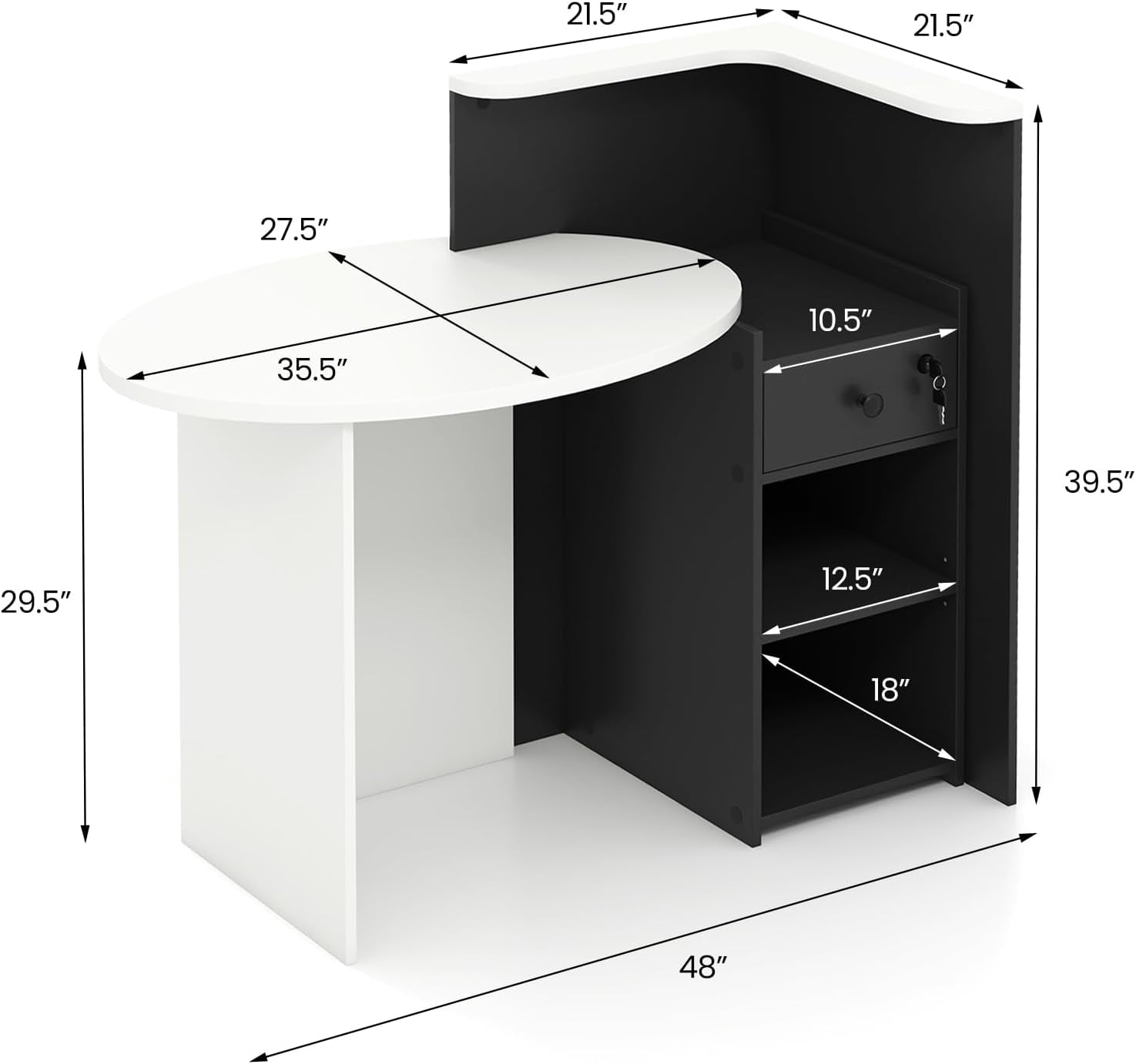Reception Desk, Small Retail Checkout Counter with Lockable Drawer and Open Shelves, Wooden Front Desk Reception Counter, Oval Desktop & L Counter for Store Office Lobby Salon (Black)