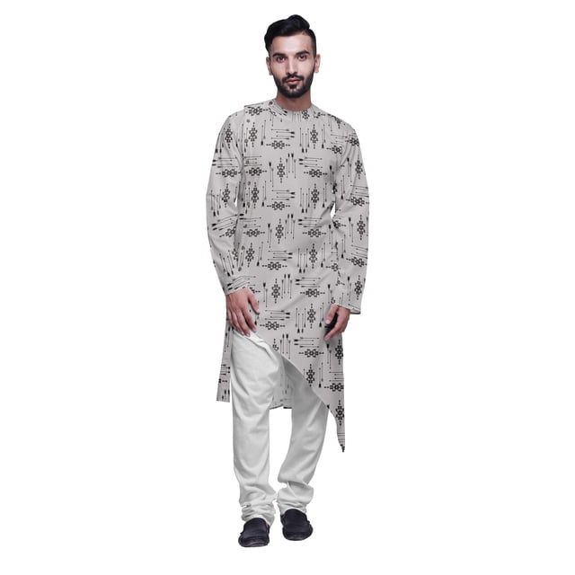 Atasi Kurta Long d'Été Imprimé de Designer avec Ensemble de Pyjama Blanc pour Hommes
