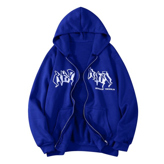 Fgnfyis Unisex Zip up Hoodies Hop Print Hooded Jacket Street Fashion Drawstring Sweat Jacket 90s E Girl Top hoodies and sweatshirts Blue L