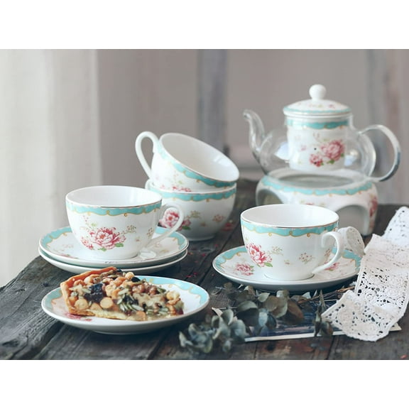 Fine China Tea Sets Vintage Rose Flower Series Coffee Cup-Teacup Saucer Spoon Set with Teapot Warmer & Filter (Rose Glass pot 03)