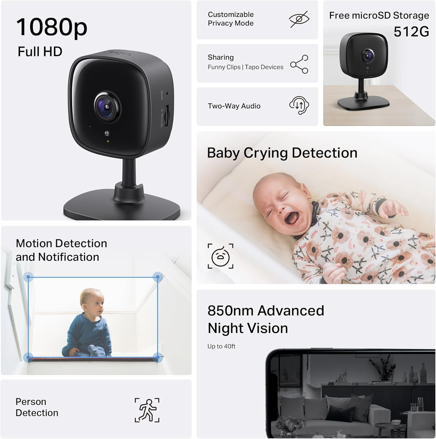 by TP-Link 1080P Indoor Security Camera for Baby Monitor, Pet Camera w/Motion Detection, 2-Way Audio, Night Vision, Cloud & SD Card Storage, Works w/Alexa & Google Home, Black, C101