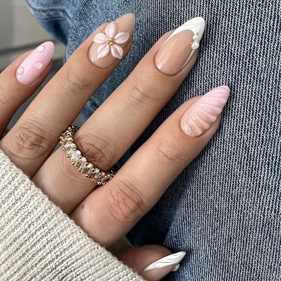 3D Epoxy Press-On Nails, 24 Pcs 3D Flower Design in Pink & White Tones, Elegant Cute Full Cover Fake Nails, DIY Manicure Kit for Women Girls Daily & Party