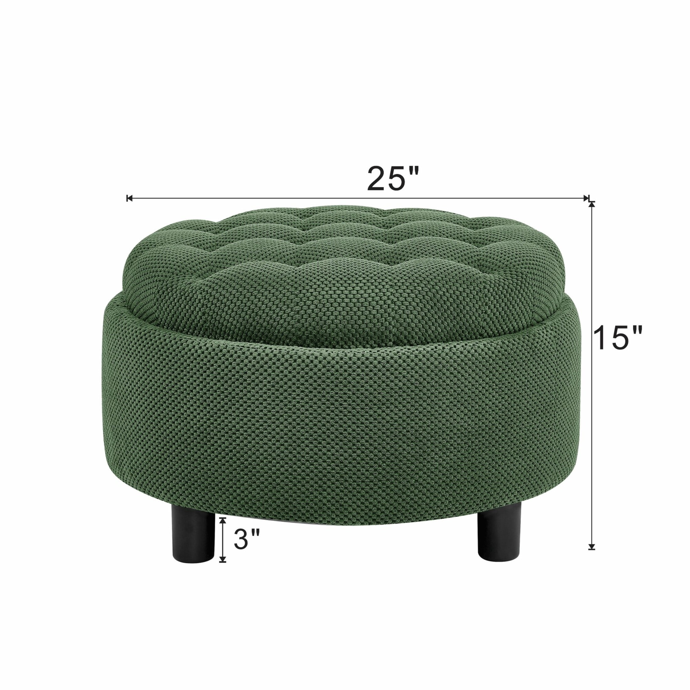 Noble House 25" Round Storage Ottoman with Removable Tray Top, Upholstered Coffee Table, Dark Green