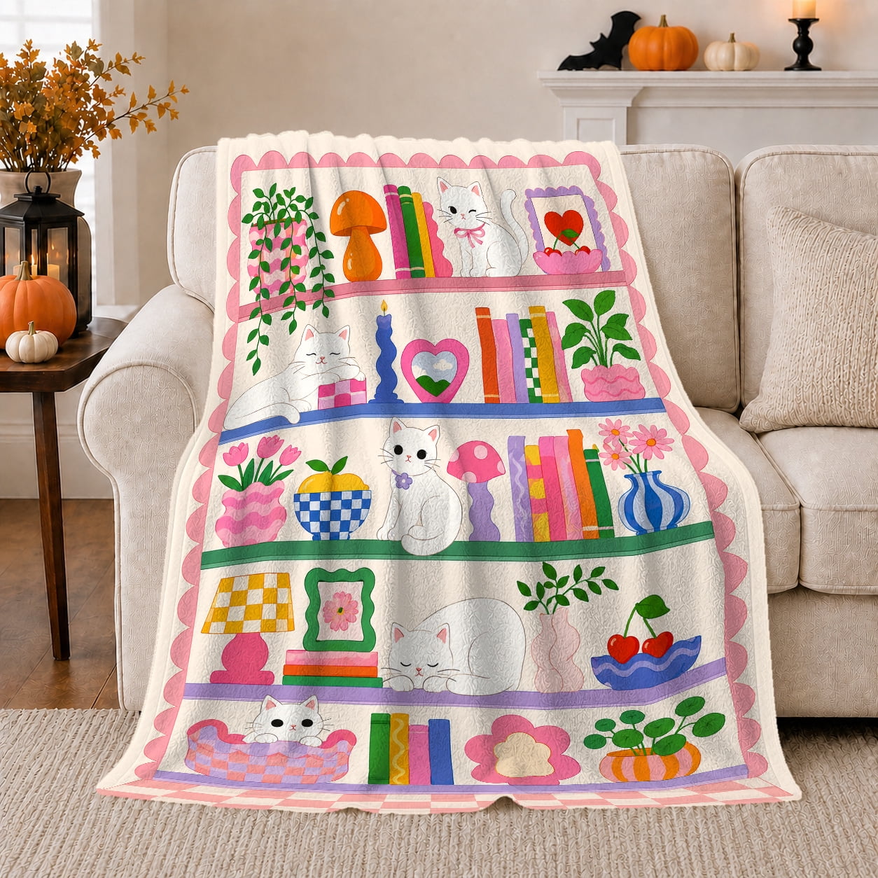 Cute Cat Bookshelf Whimsical Shelves Playful Cats Playful Pet Portrait Pattern Warm Flannel Blanket for Living Room and Bedroom Cat Lovers Just Because Gift Pet Lover Home Decor