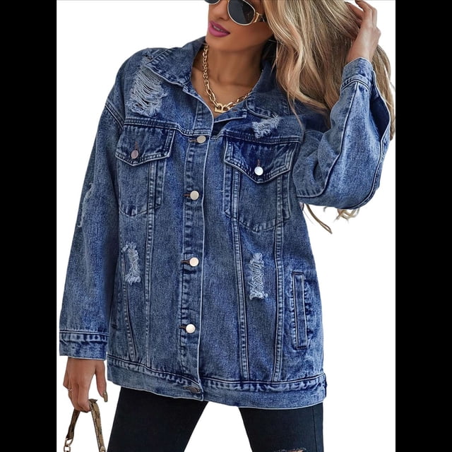 Chaqueta Vaquera Larga de Gran Tamaño para Mujer, Estilo Boyfriend, con Rotos y Desgastados. Azul Oscuro M