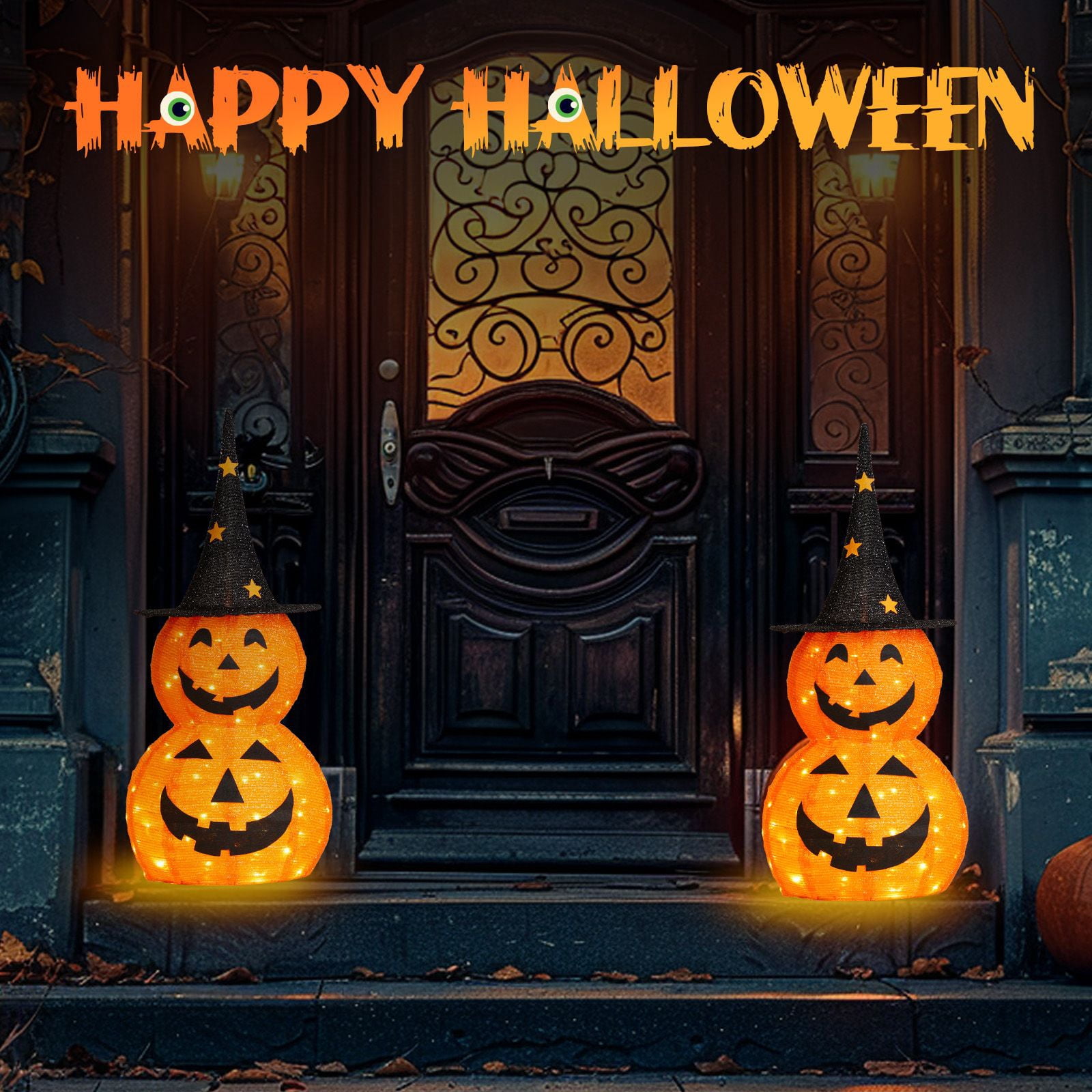 3FT Lighted Pop-Up Pumpkin Set of 2 with 150 LED Lights for Outdoor Lawn Yard Indoor Decor