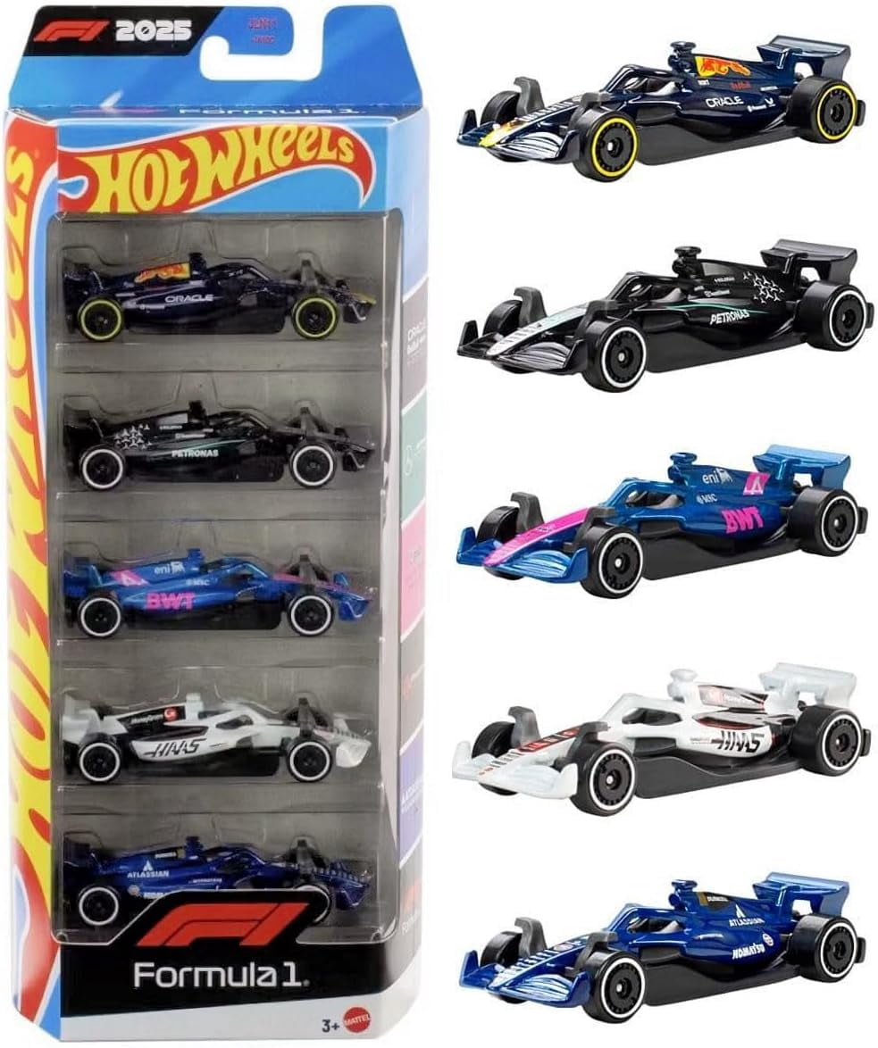 Hot Wheels Formula 1 Die-Cast Cars, Bundle of F1 2024 & 2025 Teams 5 Packs and Scuderia Ferrari HP Short Card, Ages 3+
