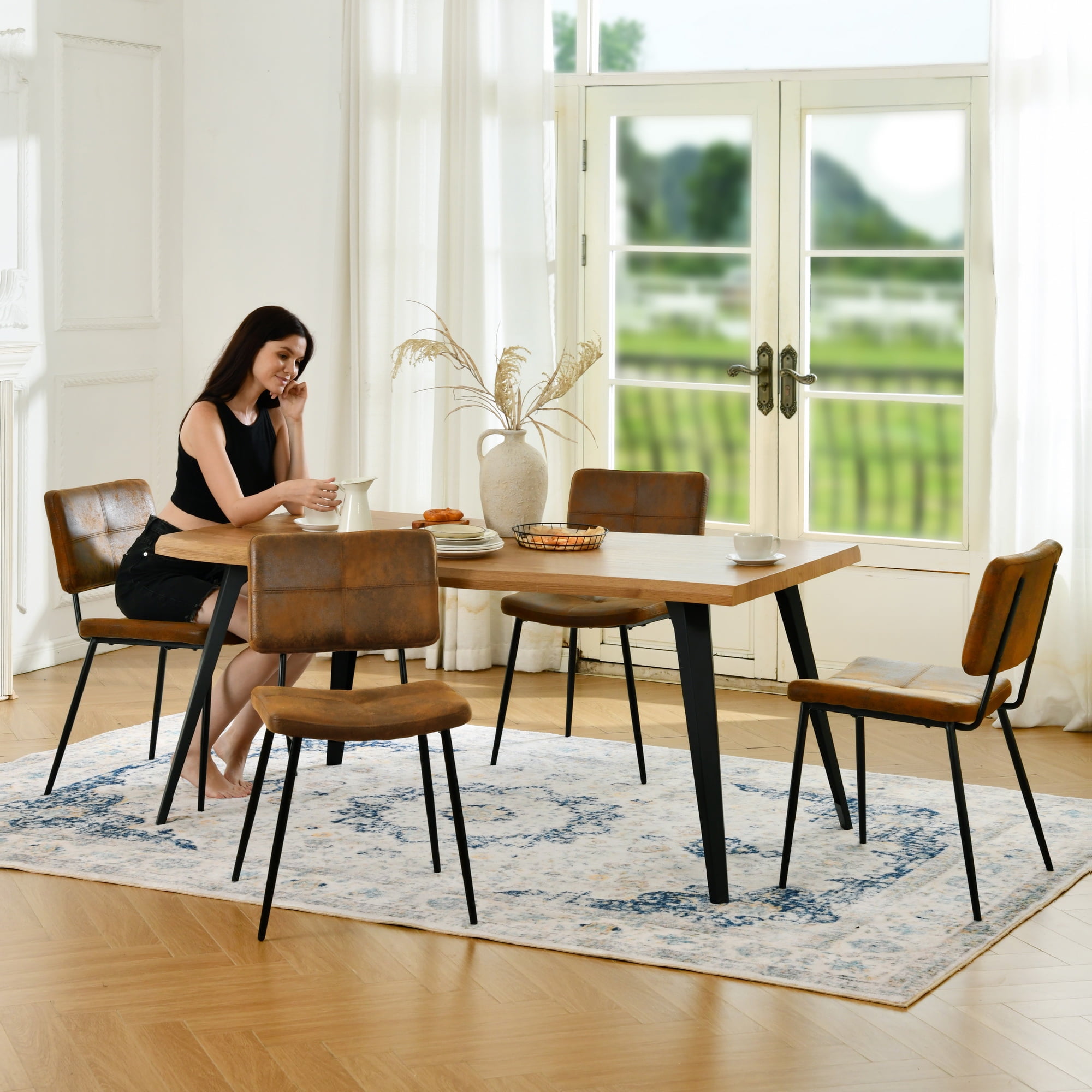 Homy Casa 5-Piece Dining Table Set with Live Edge Faux Wooden Top and 4 Chairs