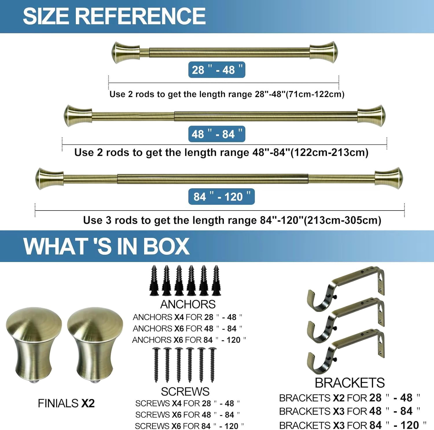 Urbanest Adjustable Single Curtain Rod Set Buckingham Finials – 5/8-Inch Diameter, With Antique Brass Rod, 28–48 Inches