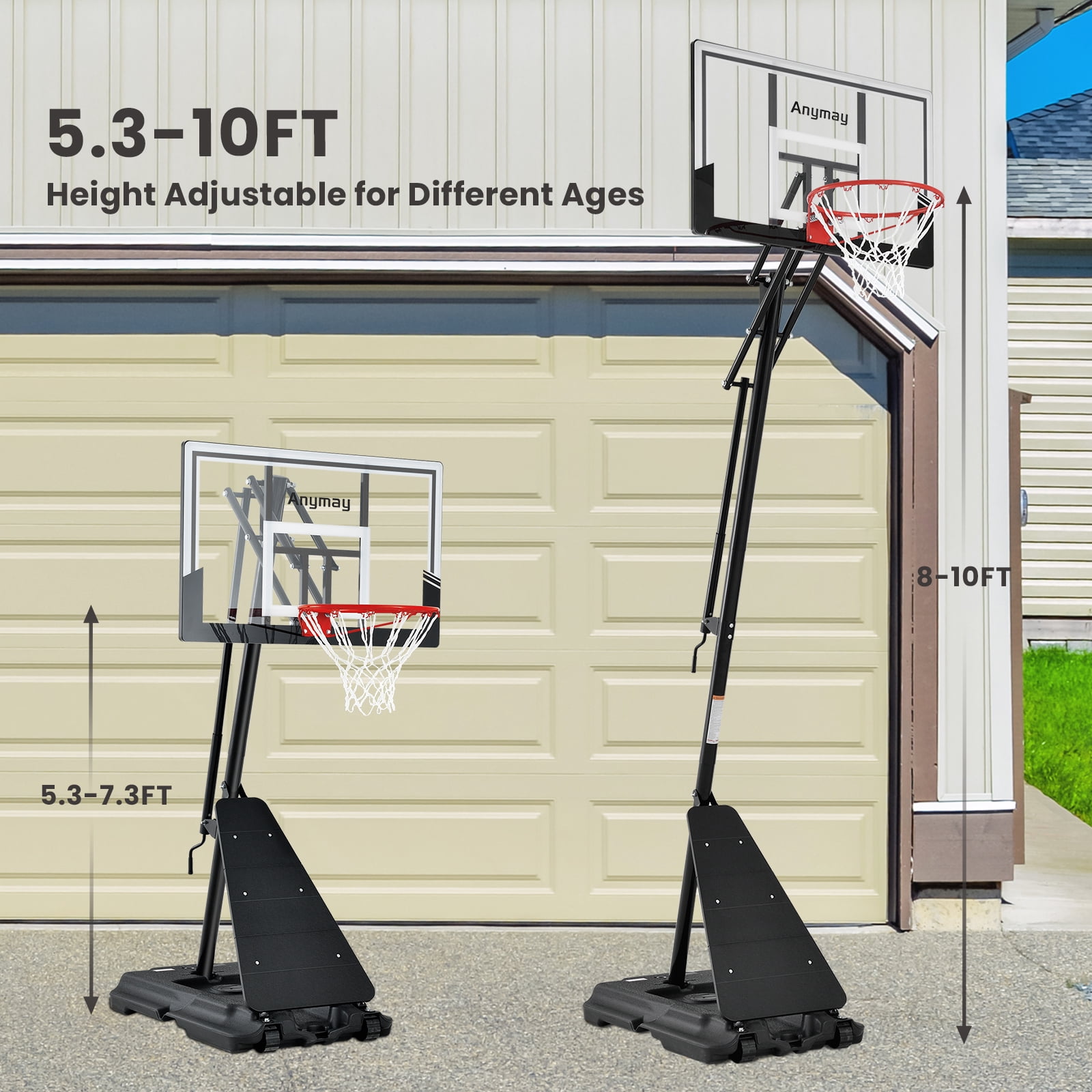 Anymay Portable Basketball Hoop Outdoor with 44in Polycarbonate Backboard,5.3-10FT Height Adjustable Basketball Hoop Goal System,Black