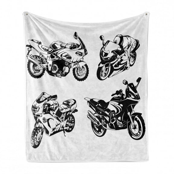 Motorcycle Soft Flannel Fleece Throw Blanket, Cartoon Motorbike Speed Race Sport Hobby Lifestyle on the Roads Print, Cozy Plush for Indoor and Outdoor Use, 50" x 60", Orange Black, by Ambesonne