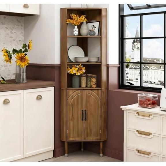 72.3'' Tall Corner Cabinet with Doors & Shelves for Living Room, Bathroom, Kitchen, Walnut