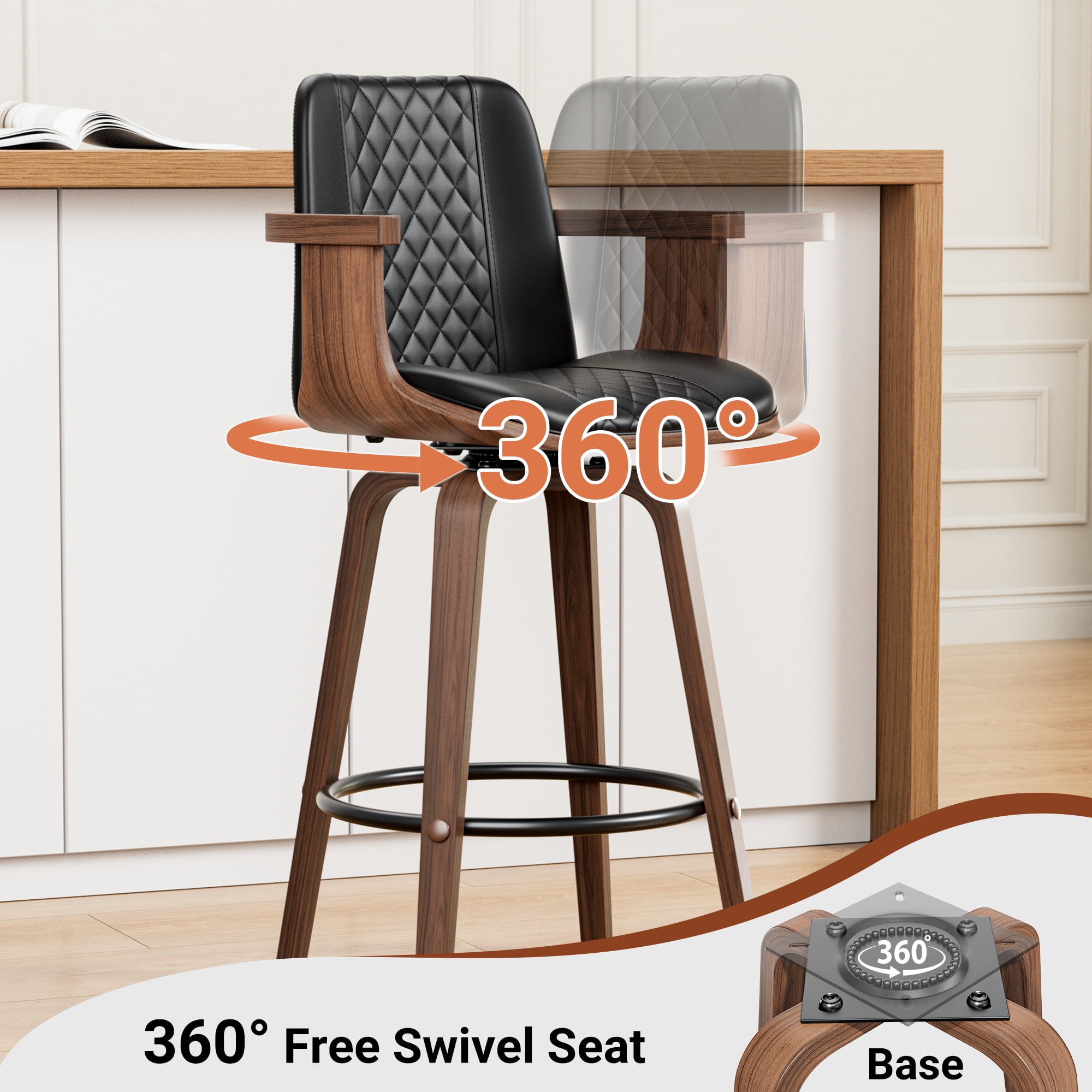 LainTene Bar Stools Set of 3, 26" Bentwood Barstools with Arms High Back, Mid-Century Modern Counter Height Swivel Bar Chairs for Kitchen Island