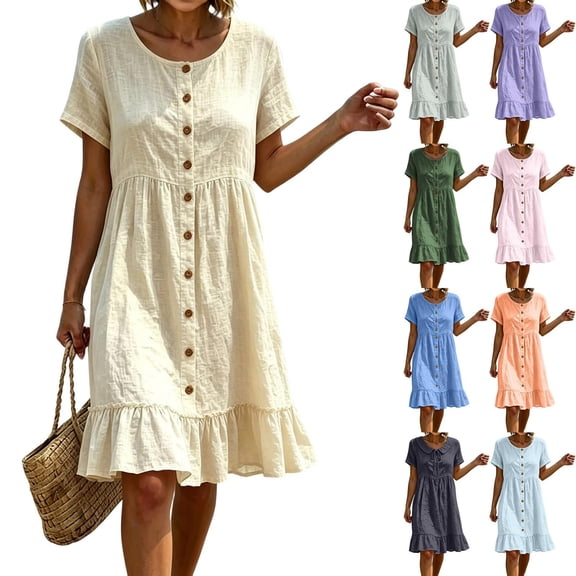 Lcziwo Womens Ruffle Hem Cotton Dress Pleated Short Sleeve Crew Neck Mini Sundress Button Down Summer Beach Casual Dresses Gray,M