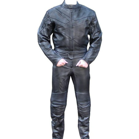 Perrini 2 PC Genuine Leather Motorbike Motorcycle Drag Racing Suit Black with Metal Waist