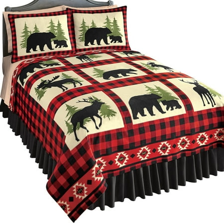 Black Cream Toile Bedding Woodland Fleece Coverlet, Bear, Deer and Moose Silhouettes with Red / Black Checkered Pattern, Rustic Cabin Bedding, Full/Queen, Red/Black ()