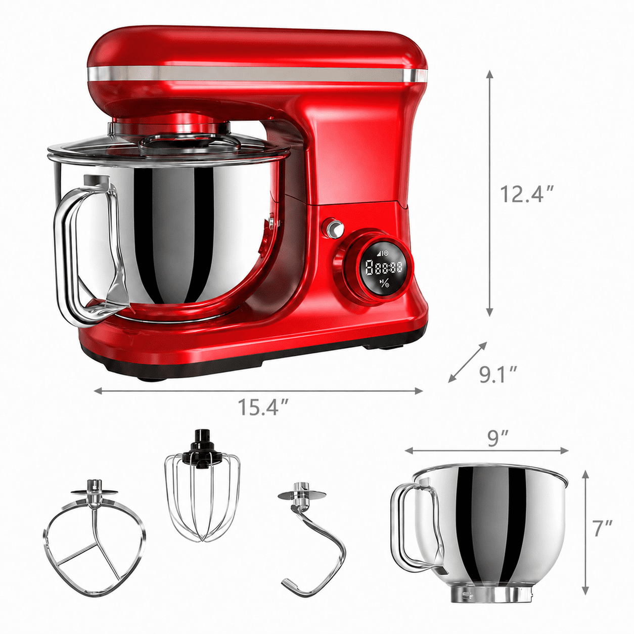 Fenbeli 5.3Qt Stand Mixer with LCD Timer Control, Powerful Electric Kitchen Mixer with Dough Hook, Wire Whisk and Flat Beater, Red