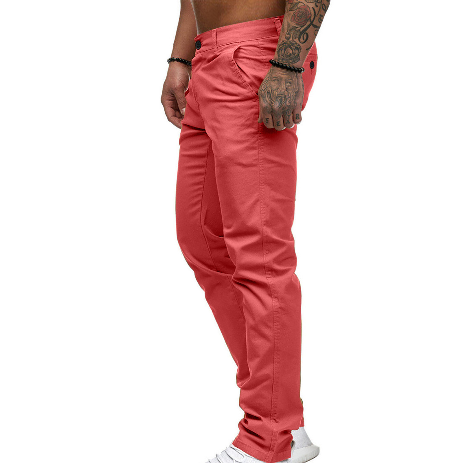 DeHolifer Mens Casual Chinos Pants Cotton Slacks Elastic Waistband Classic Fit Flat Front Khaki Pant Pink L - image 4 of 5