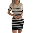 thumbnail image 4 of Female Bodycon Mini Dress Striped Short Sleeve Ribbed Knit Slim Fit Vacation Long Khaki XL, 4 of 9