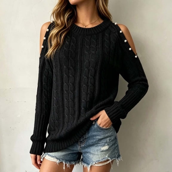 ClodeEU Women's Crew Neck Cutout Cold Shoulder Cable Knit Long Sleeve Sweater Top,Casual Loose Blouse Black,Women's Plus L