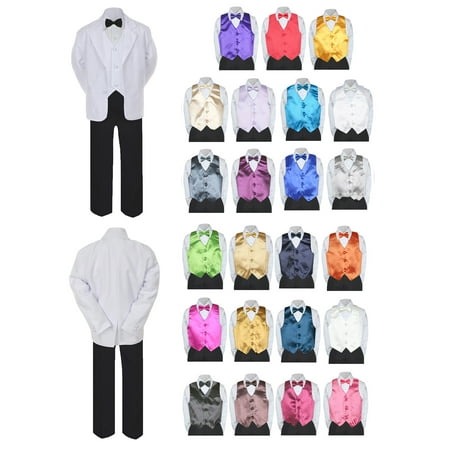 

7pc Boy Formal Black & White Suit Tux Set Satin Bow Tie & Vest Baby Sm-20 Teen