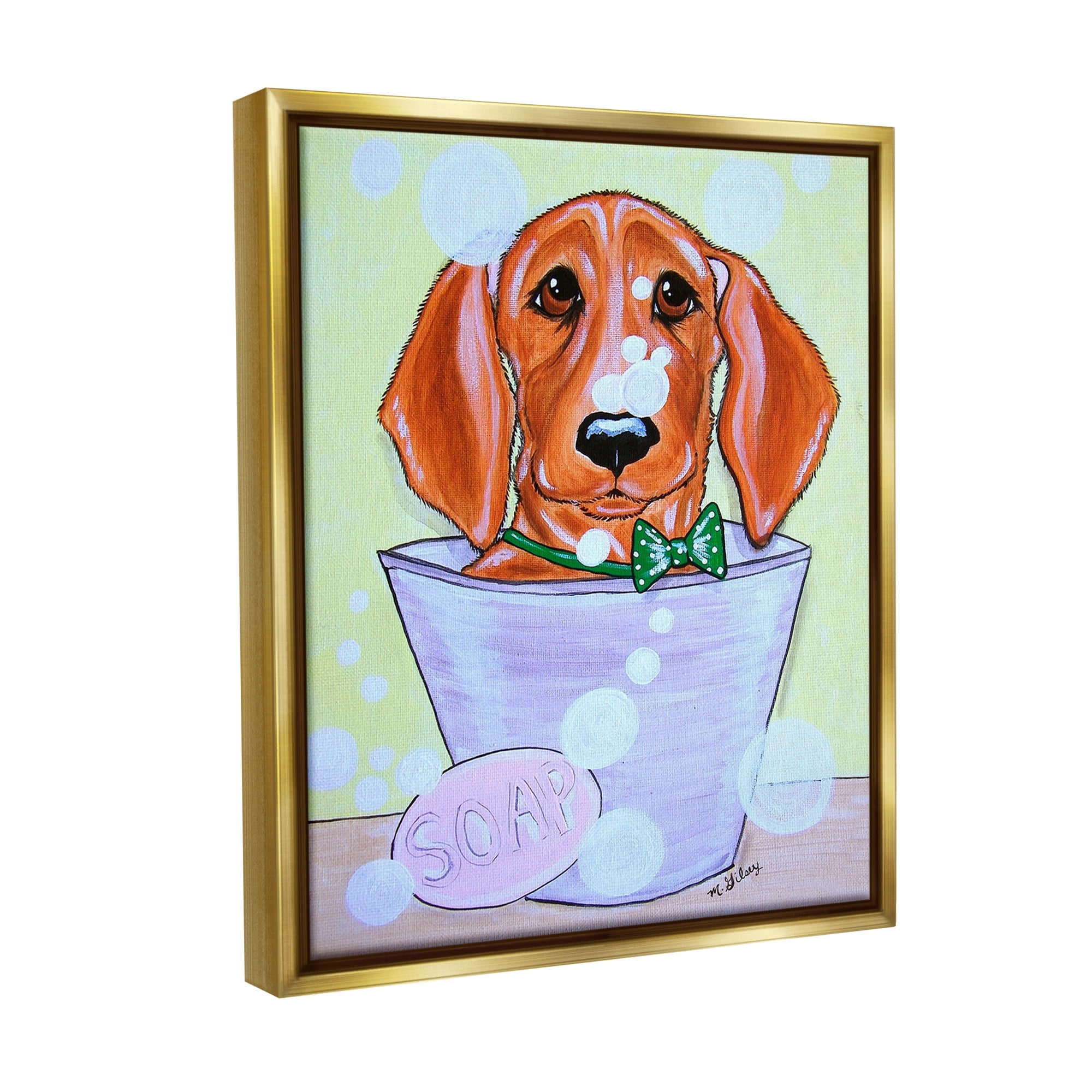 Stupell Industries Puppy with Soap Bubbles Animals & Insects Painting Gold Floater Framed Canvas Art Print Wall Art, 25 x 31
