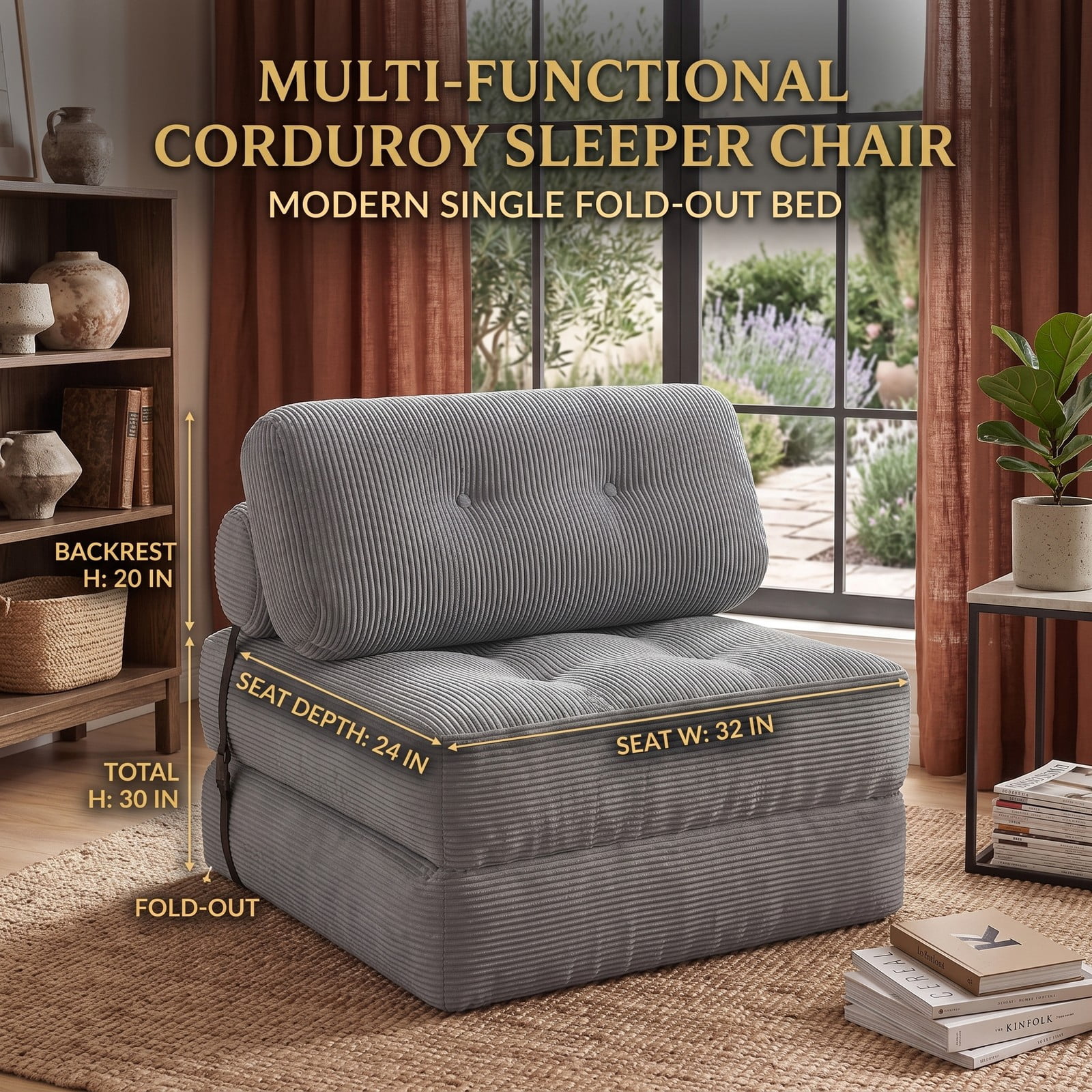 Furnibear Folding Sofa Bed with Pillow and Back Support, 3-in-1 Convertible Corduroy Floor Couch Sleeper Lounger for Living Room Bedroom Guest Room, 355 lbs, Gray