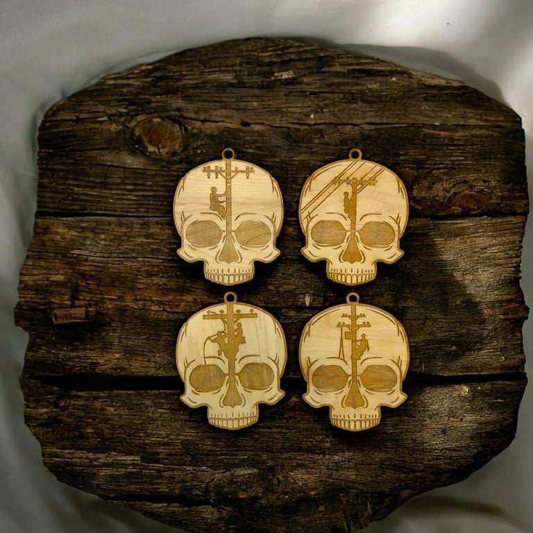 Ornament - Lineman Skulls - Set of 4 - Raw Wood 3x3in Ornament - Lineman Skulls - Set of 4 - Raw Wood 3x3in