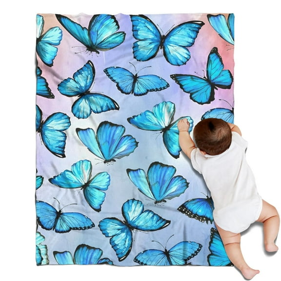 Blue Butterfly Group Pattern Blanket,Comfortable Soft Flannel Throw Blanket,All Season,Warm Lightweight Blankets for Sofa Bed Couch Living Room Chair,30"x40"