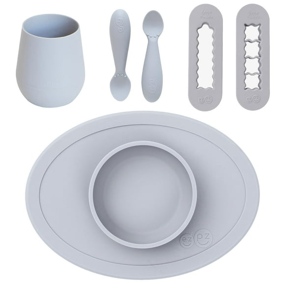 ezpz Ensemble de Premiers Aliments 6m+ (Étain) Petit Bol + Petites Cuillères + Petite Tasse + Coupe-Nourriture Essentiels pour Bébé
