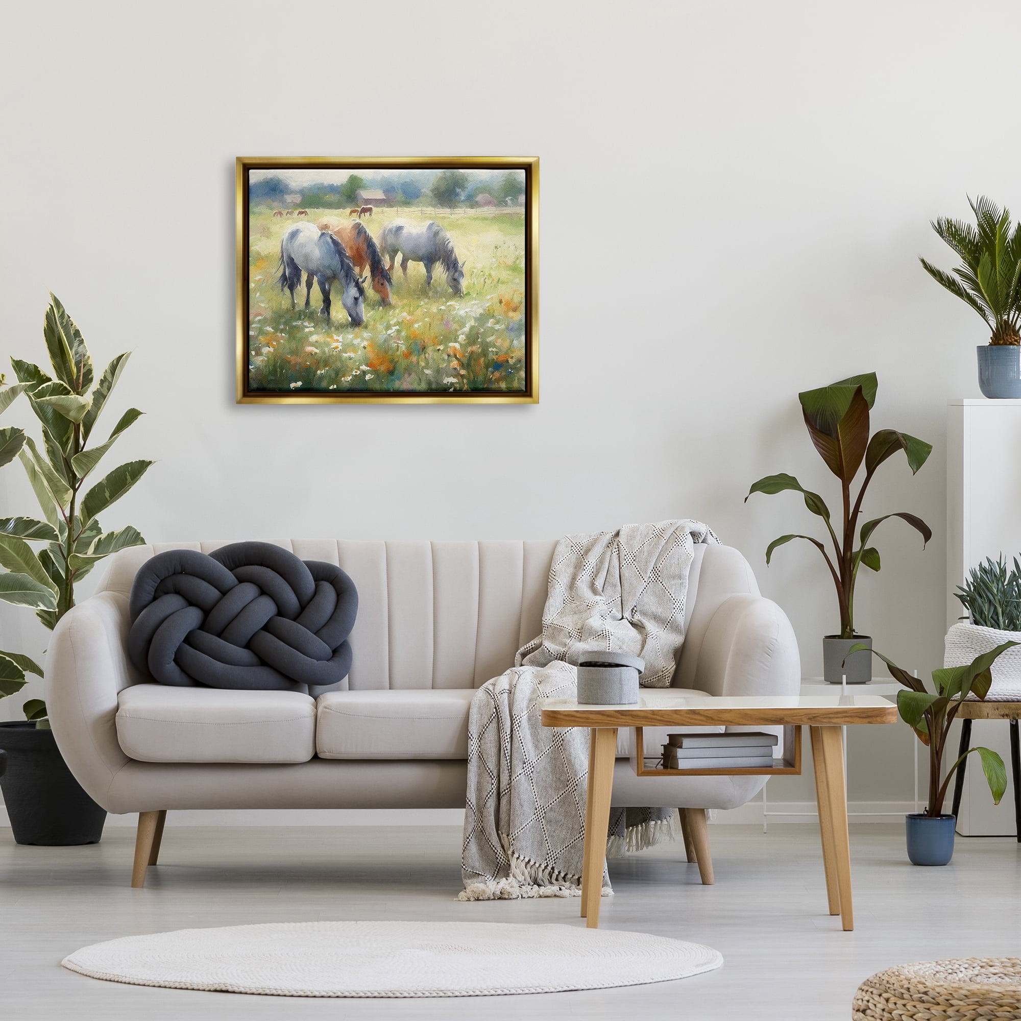 Stupell Industries Grazing Horses in Pasture Animals & Insects Painting Gold Floater Framed Canvas Art Print Wall Art, 31 x 25