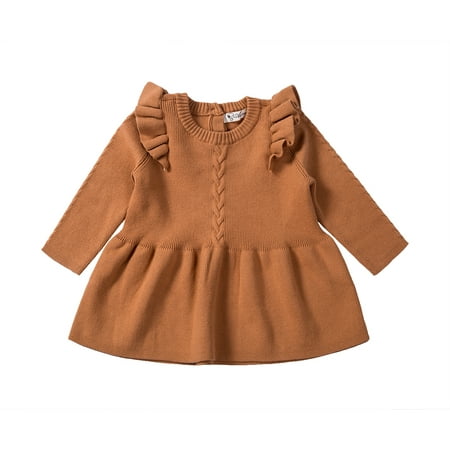 

Suanret Autumn Winter Kid Baby Girl Clothes Ruffle Princess Dress Knitted Tutu Dress Brown 3-4 Years