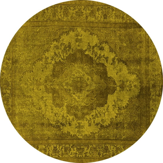 Ahgly Company Machine Washable Indoor Round Oriental Yellow Industrial Area Rugs, 8' Round