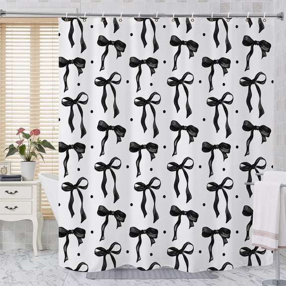 Shower Curtain Black Bows, White Bathroom Curtain Set with Black Bow and Hooks, Cute Bathroom Decor Shower Curtain for Teen Girls, Waterproof Fabric Aesthetic Spring-like Girly Bath Curtain, 72x72 in